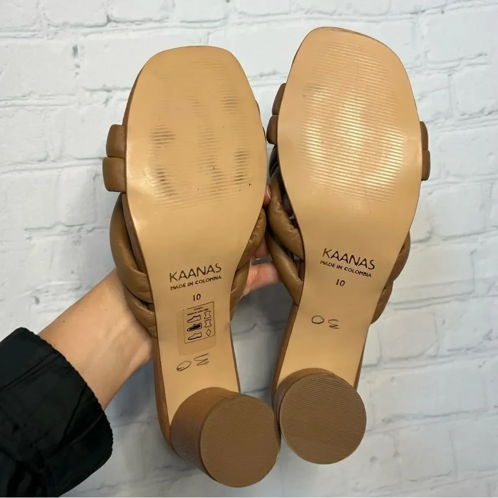 Kaanas Tan Braided Leather Square Toe Slip On Heel Sandals Size 10 NEW